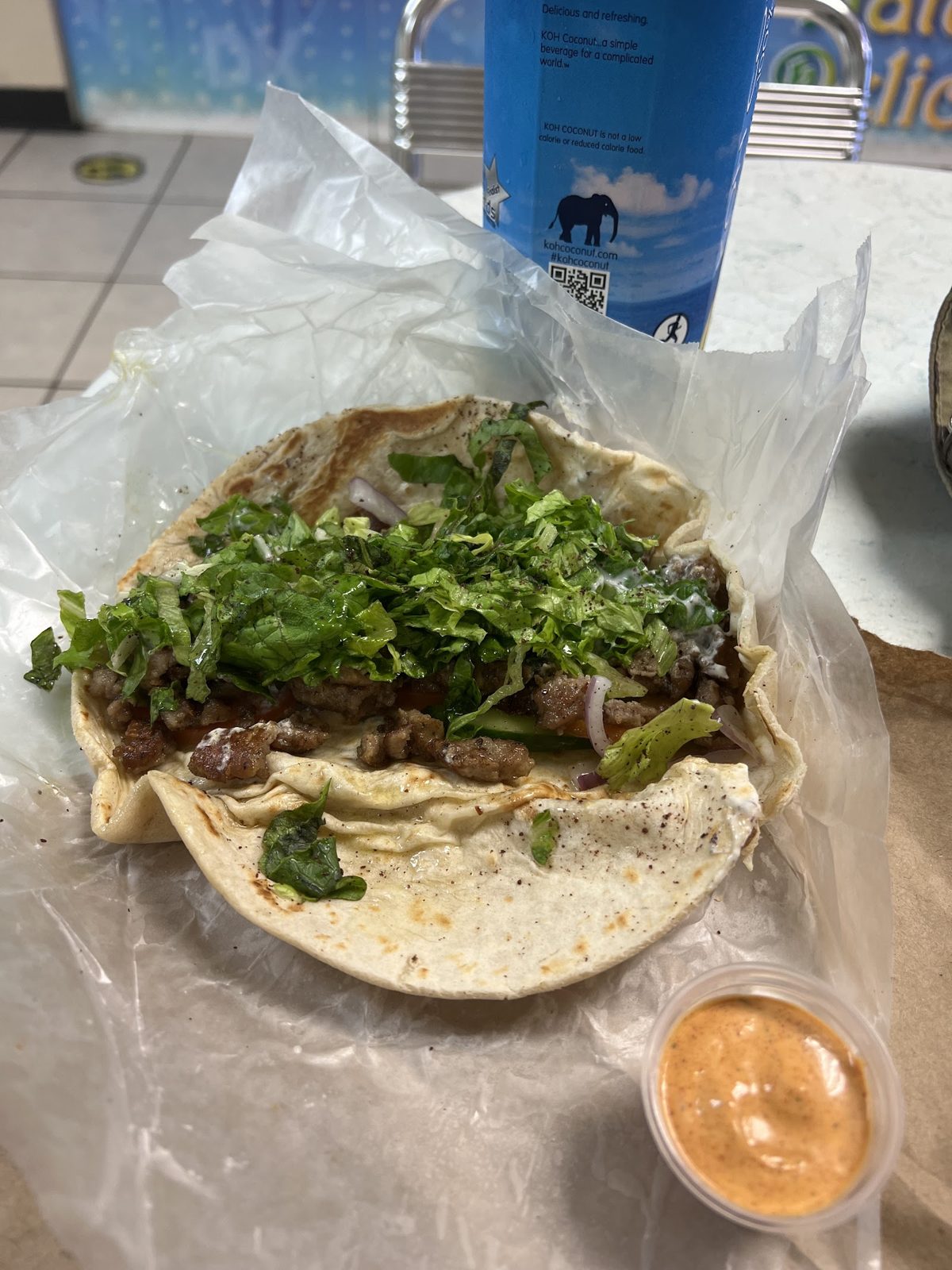 Lamb shawarma wrap opened up